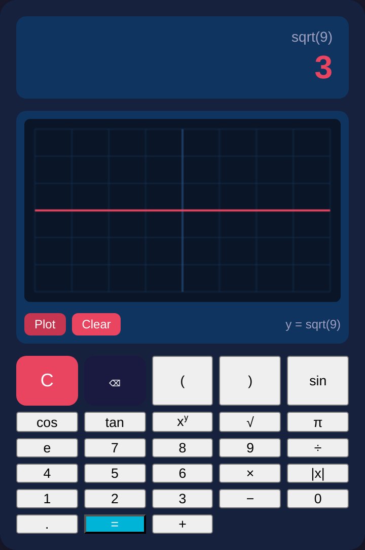 The saved scientific calculator, checked with sqrt(9), returning 3