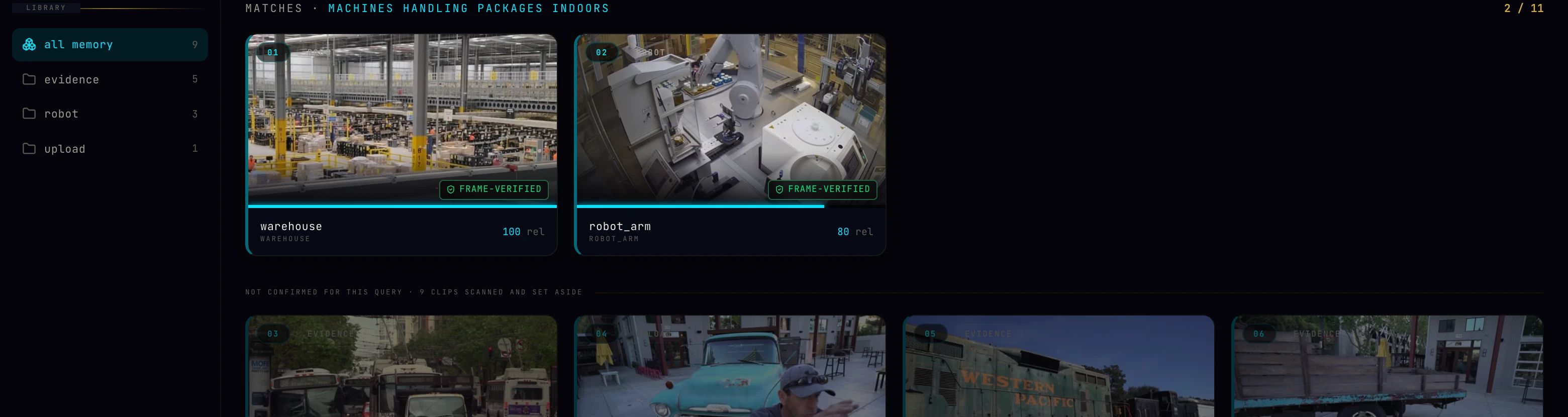 re1 search results for machines handling packages indoors: warehouse and robot-arm clips are marked frame-verified; unconfirmed clips are listed below.